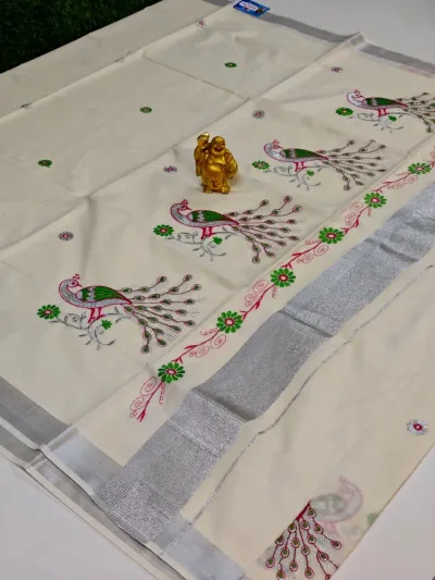 Classic Handloom Cotton Saree – Cream & Blue